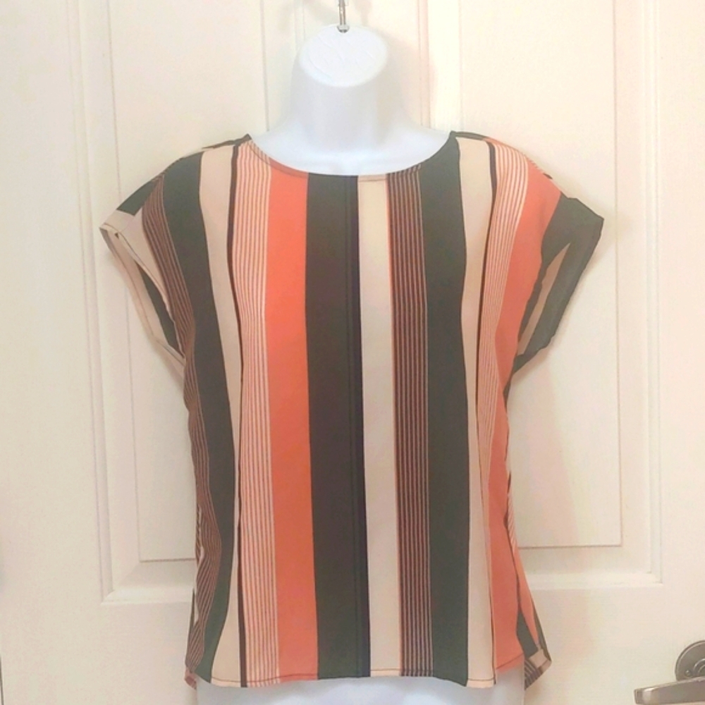 Shein top, vertical stripes army green cream and light dust mauve, size XS
